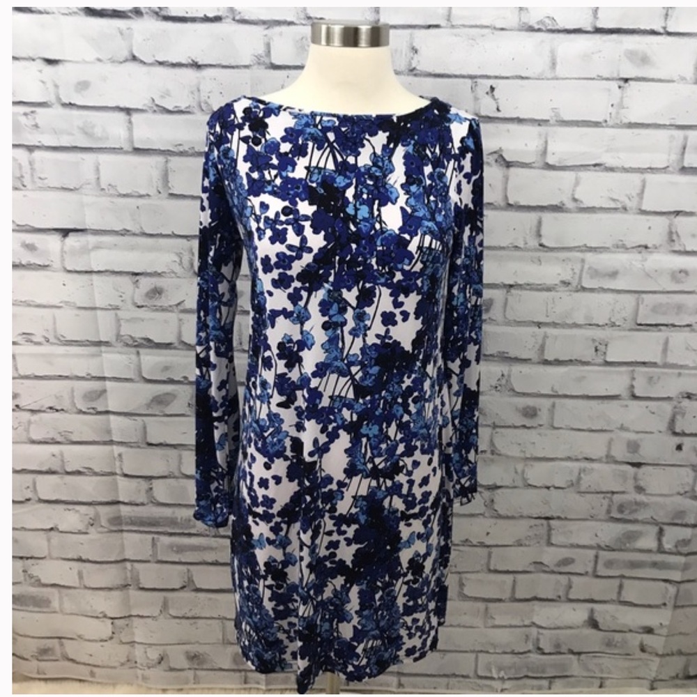 Nicole by Nicole Miller Blue and White Long Sleeve Floral Shift Dress